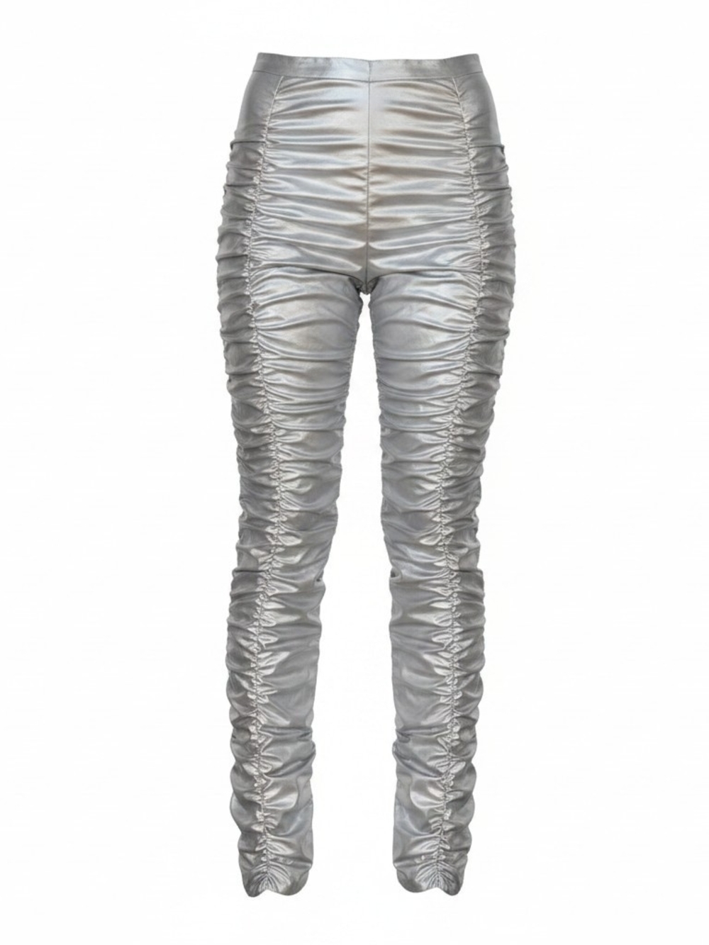 Fashion Nova Metallic Silver Ruched High-Waist Skinny Pants